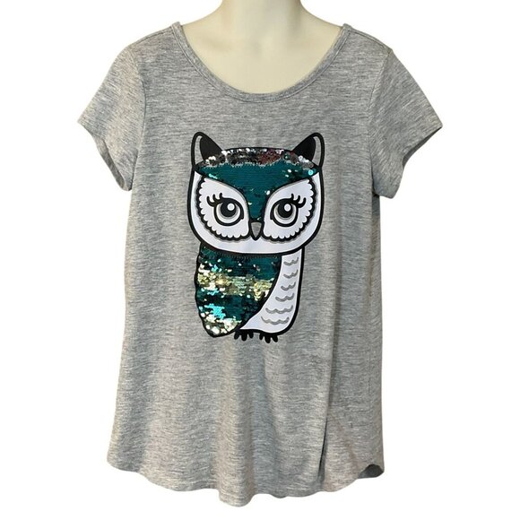 Justice Flip Sequin Owl Short Sleeve Gray Tee Strappy Back Girls 8 - Picture 1 of 6